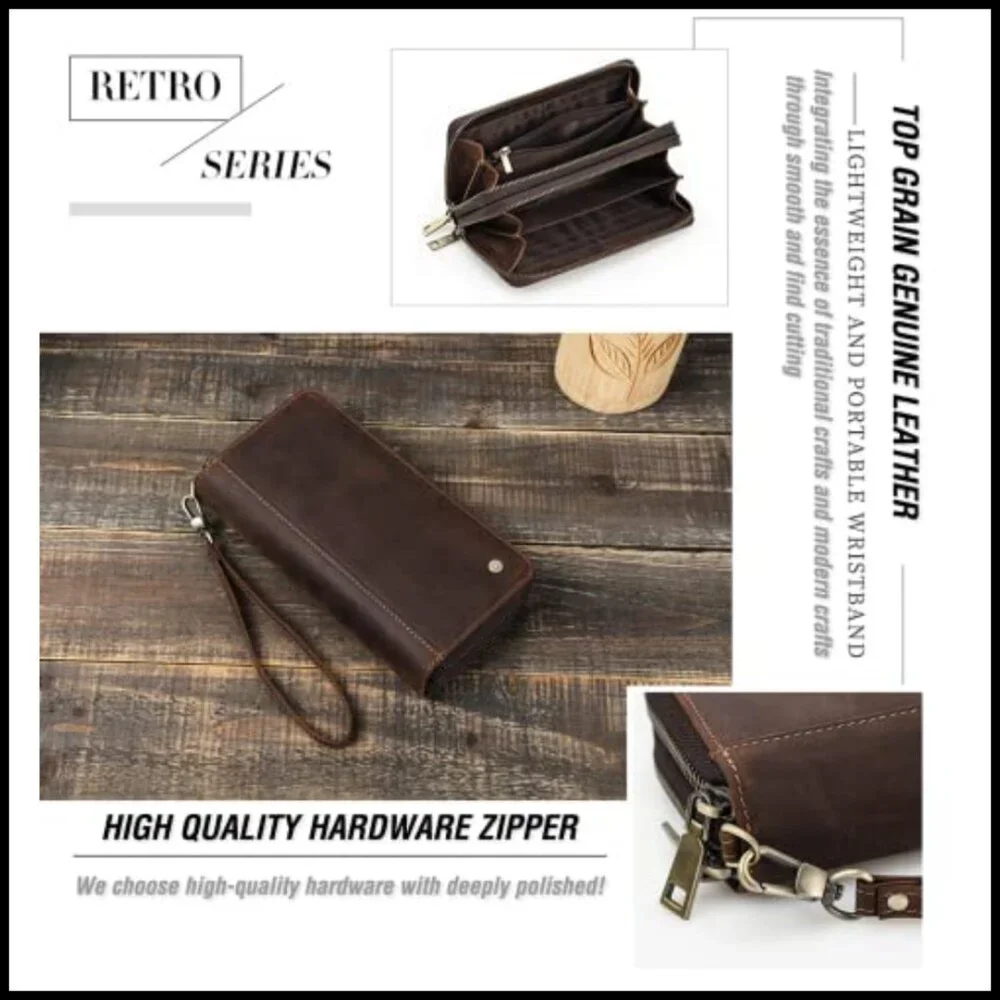 Top Grain Leather Clutch Wallet Wristlet Vintage Retro RFID Blocking Large